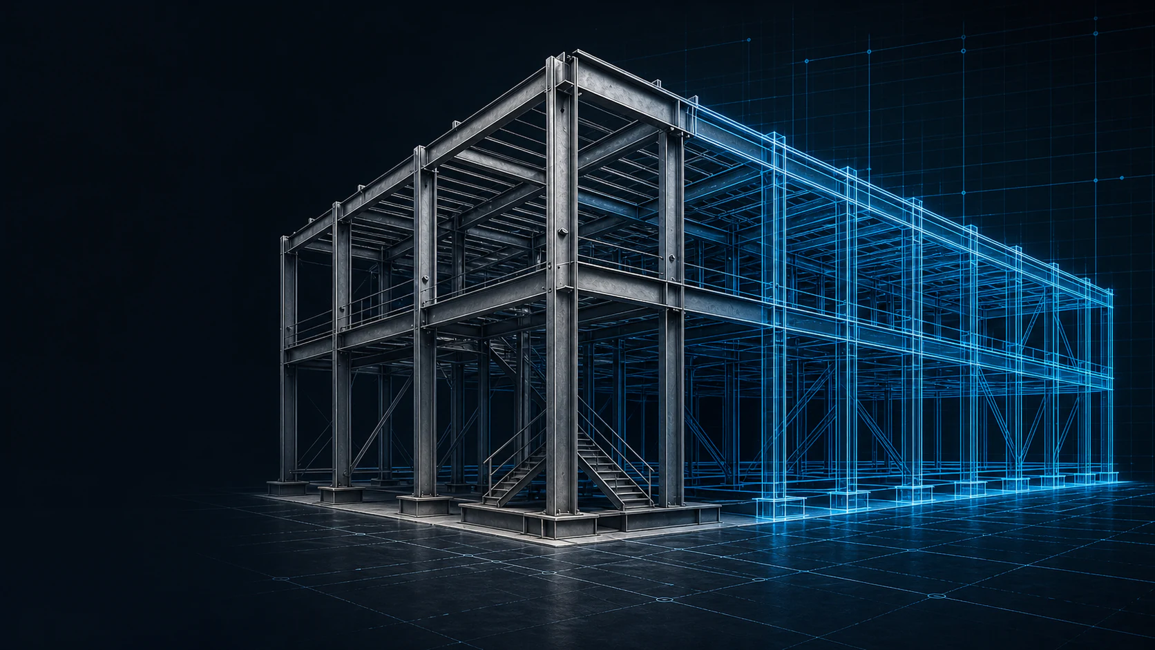 Estructura industrial en transicion de modelo realista a trazado BIM